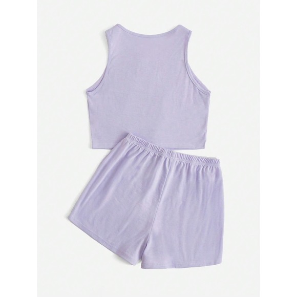 black two piece set: Crop Tank Top & Knot Front Shorts athleisure - Picture 3 of 11